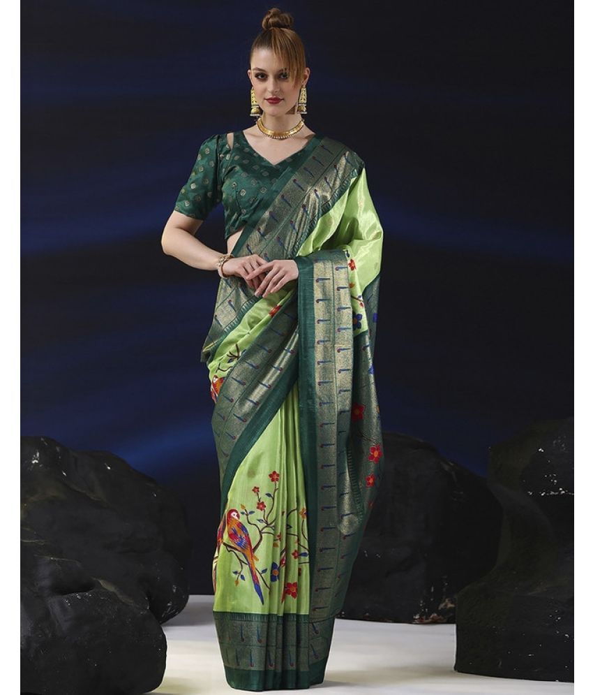     			Sanjana Silks Silk Blend Printed Saree With Blouse Piece - Green ( Pack of 1 )