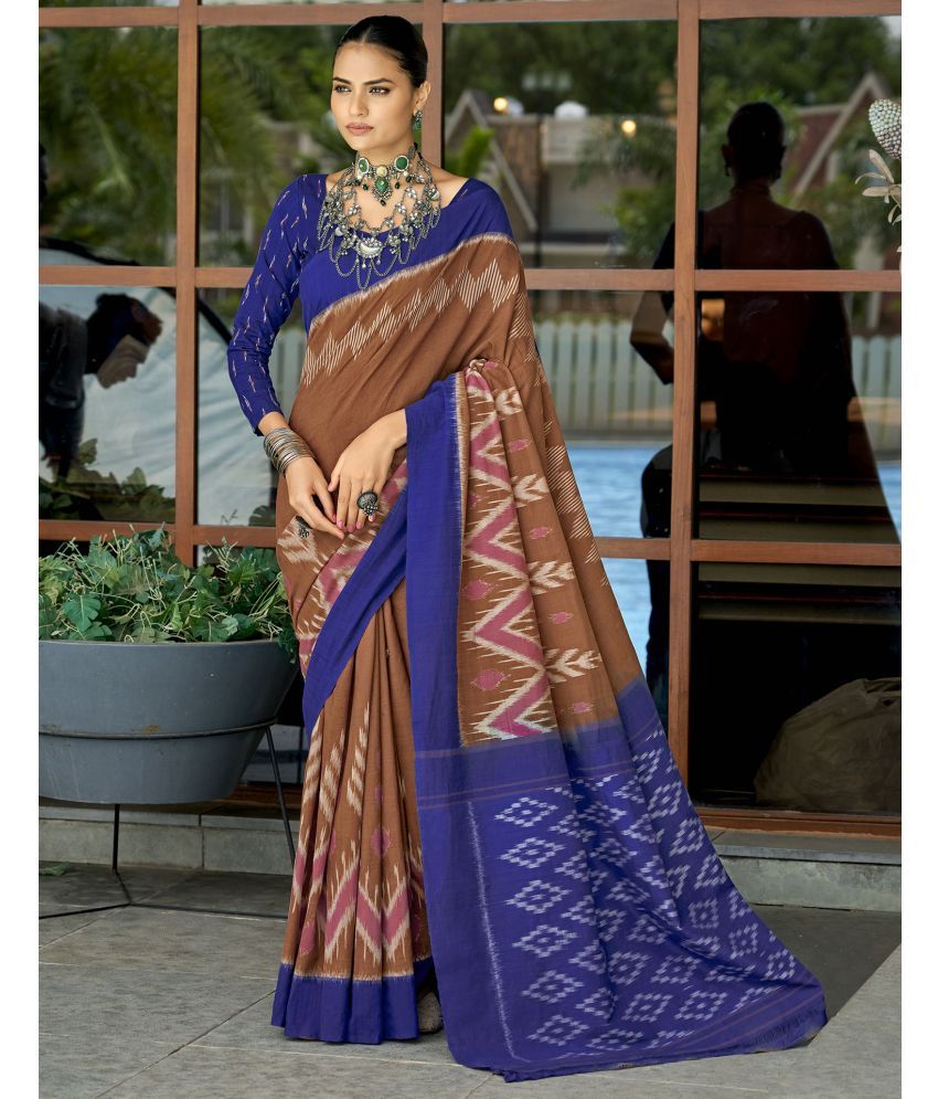     			Satrani Cotton Blend Printed Saree With Blouse Piece - Brown ( Pack of 1 )