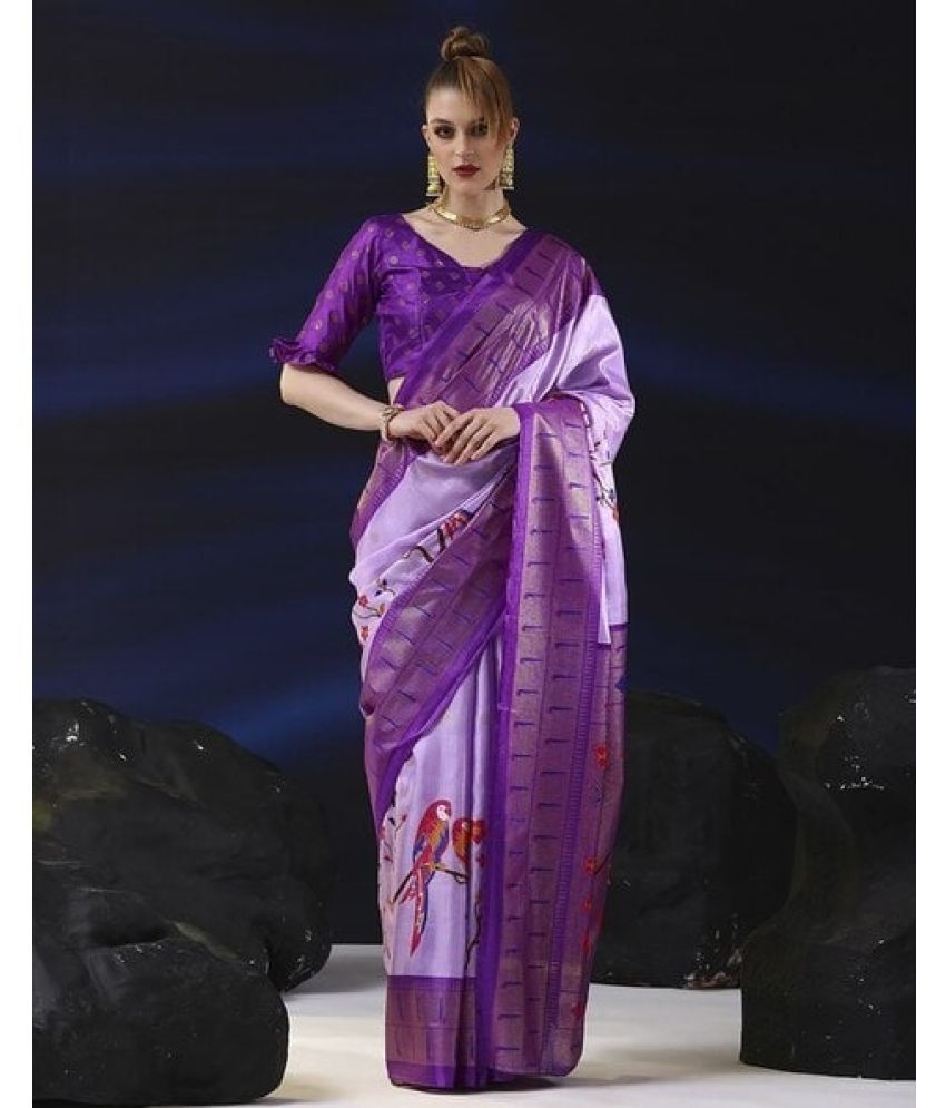     			Sitanjali Silk Blend Printed Saree With Blouse Piece - Purple ( Pack of 1 )