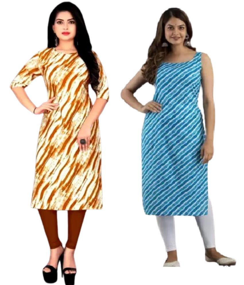     			VACHHARJ GROUP Crepe Printed A-line Women's Kurti - Blue,Yellow ( Pack of 2 )