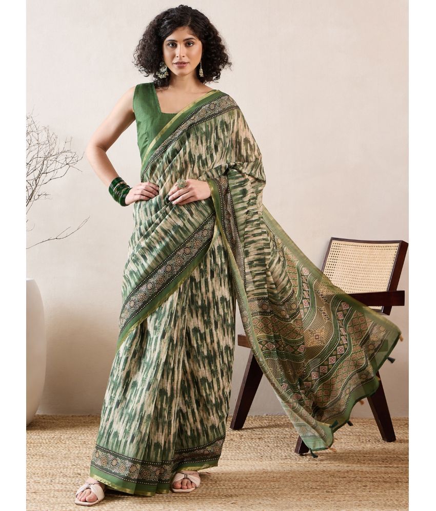     			Vaamsi Linen Printed Saree With Blouse Piece - Green ( Pack of 1 )