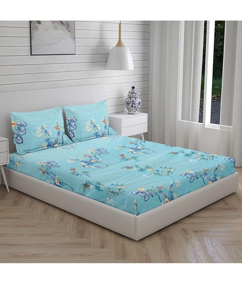     			kids wonders Microfibre Floral Fitted 1 Bedsheet with 2 Pillow Covers ( Double Bed ) - Sky Blue