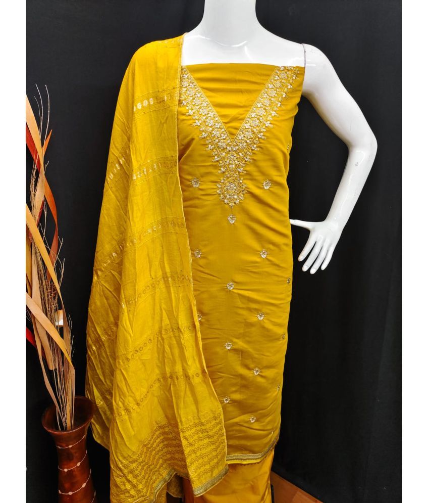     			ALSHOP Unstitched Silk Embroidered Dress Material - Yellow ( Pack of 1 )