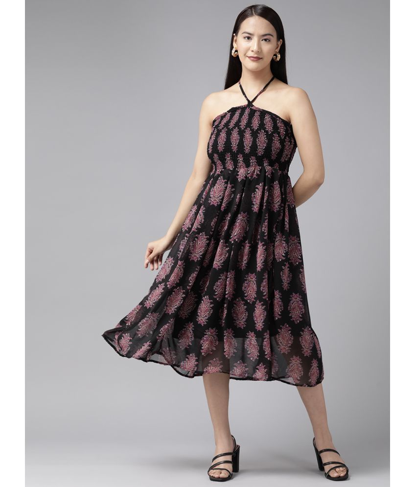     			Aarika Georgette Printed Midi Women's Fit & Flare Dress - Black ( Pack of 1 )