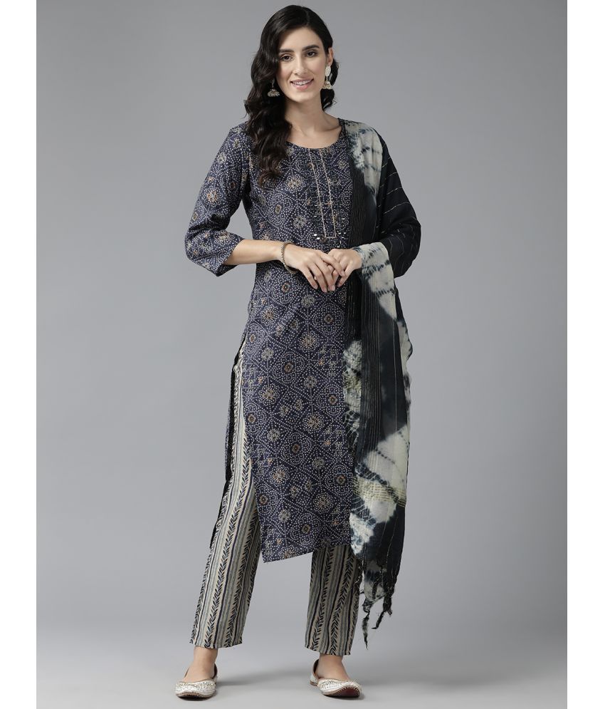     			Aarika Silk Printed Kurti With Pants Women's Stitched Salwar Suit - Navy Blue ( Pack of 1 )