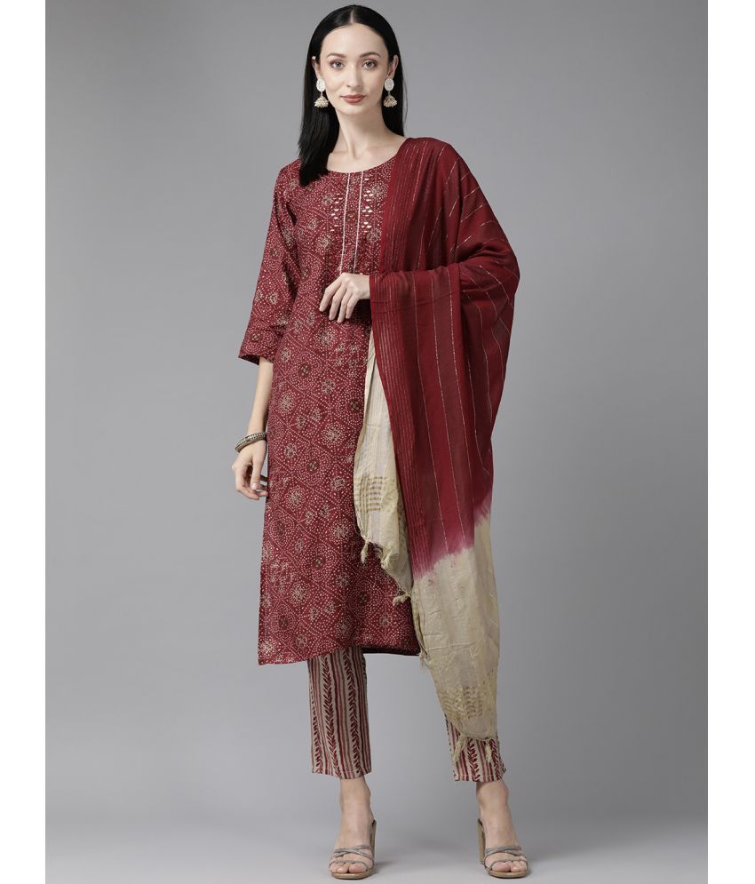     			Aarika Silk Printed Kurti With Pants Women's Stitched Salwar Suit - Maroon ( Pack of 1 )