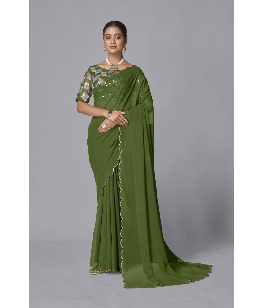     			Apnisha Georgette Solid Saree With Blouse Piece - Green ( Pack of 1 )