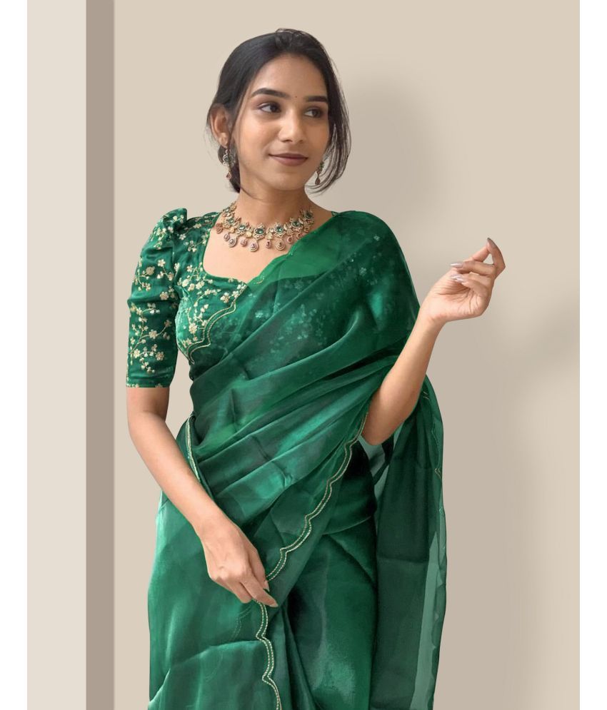     			Apnisha Organza Solid Saree With Blouse Piece - Green ( Pack of 1 )