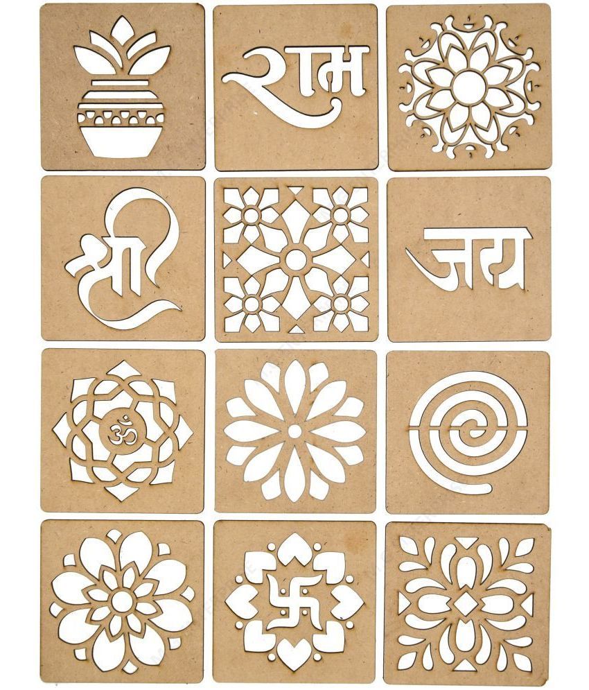     			M G Enterprise DIY MDF Wood Organic Rangoli Stencils For Floor and Wall R-1 Set of 12 pc (4 in x 4 in)