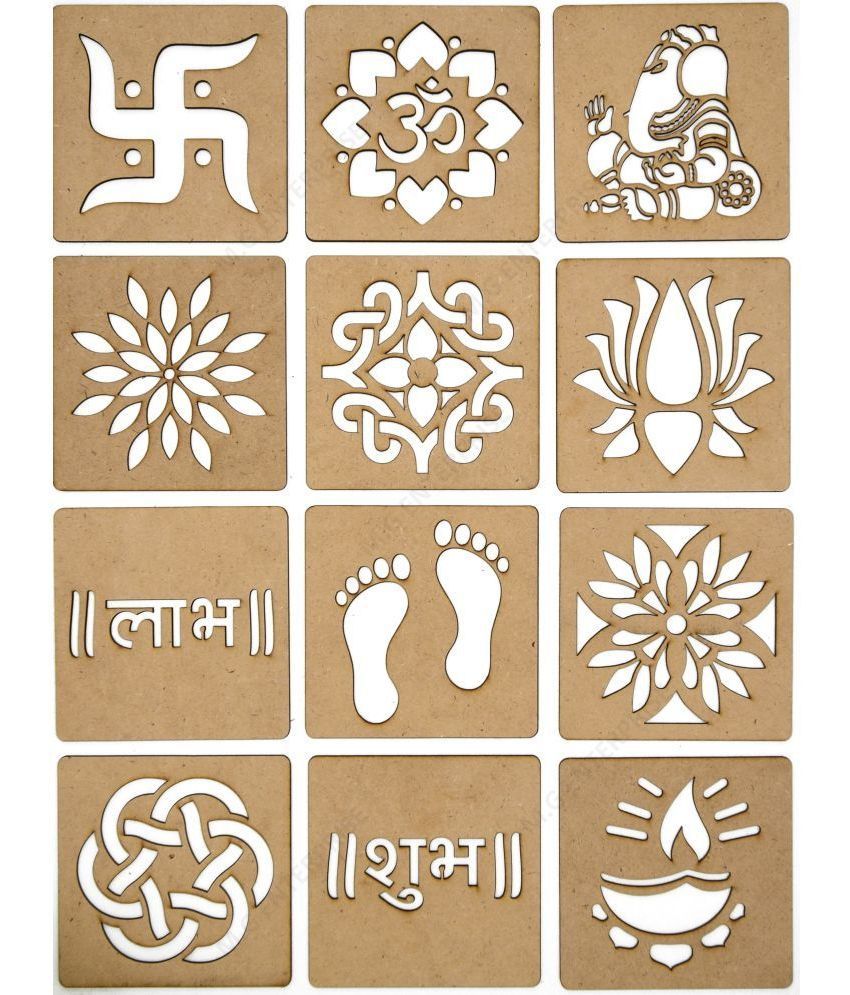     			M G Enterprise DIY MDF Wood Organic Rangoli Stencils For Floor and Wall G-1 Set of 12 pc (4 in x 4 in)