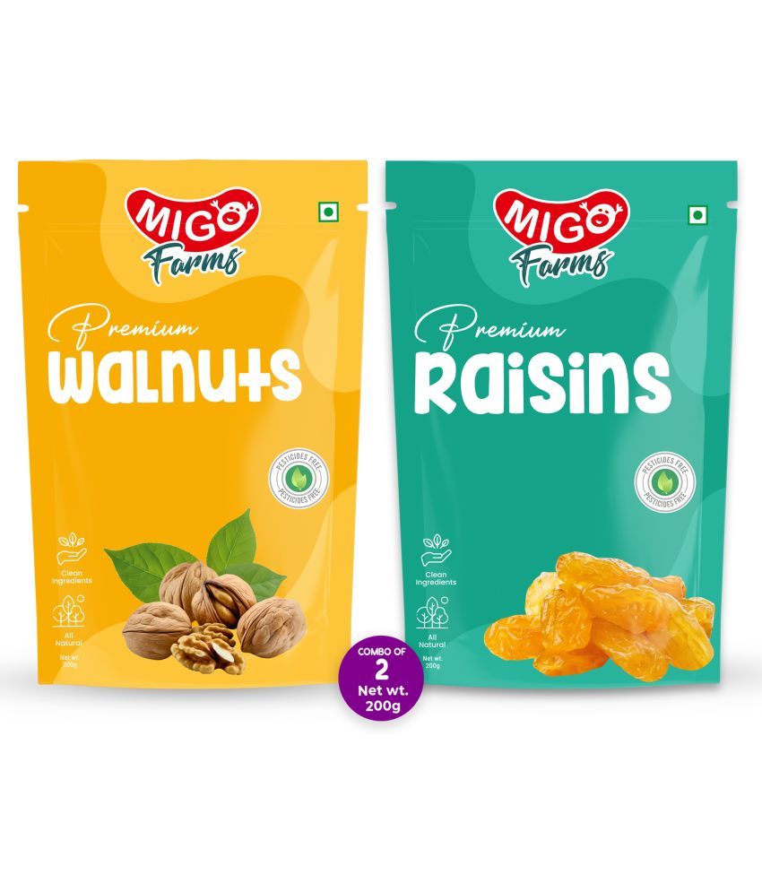     			Migo Farms Pack of 2 Healthy Premium Dry Fruits & Nuts Walnuts, Raisins (2 x 200 g)