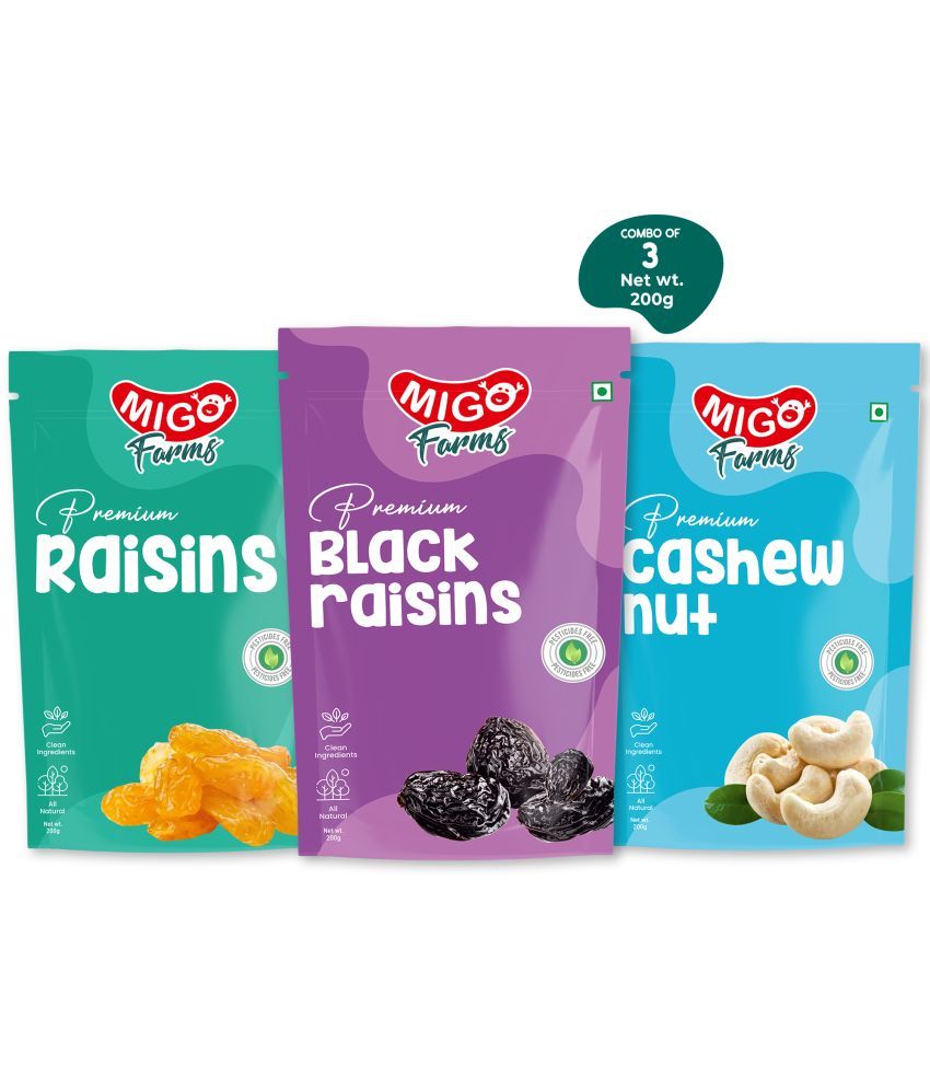     			Migo Farms Pack of 3 Healthy Premium Dry Fruits & Nuts Black Raisins, Raisins, Cashew (3 x 200 g)