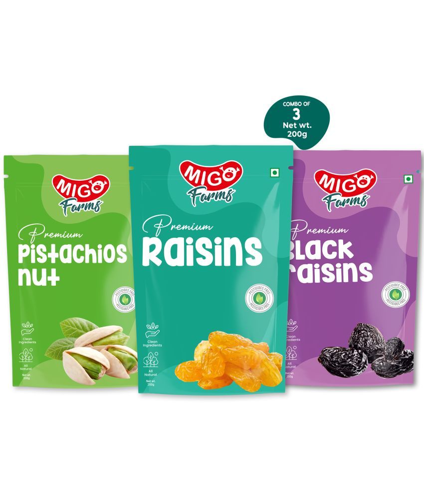     			Migo Farms Pack of 3 Healthy Premium Dry Fruits & Nuts Pistachios,Black Raisins,Raisins (3 x 200 g)