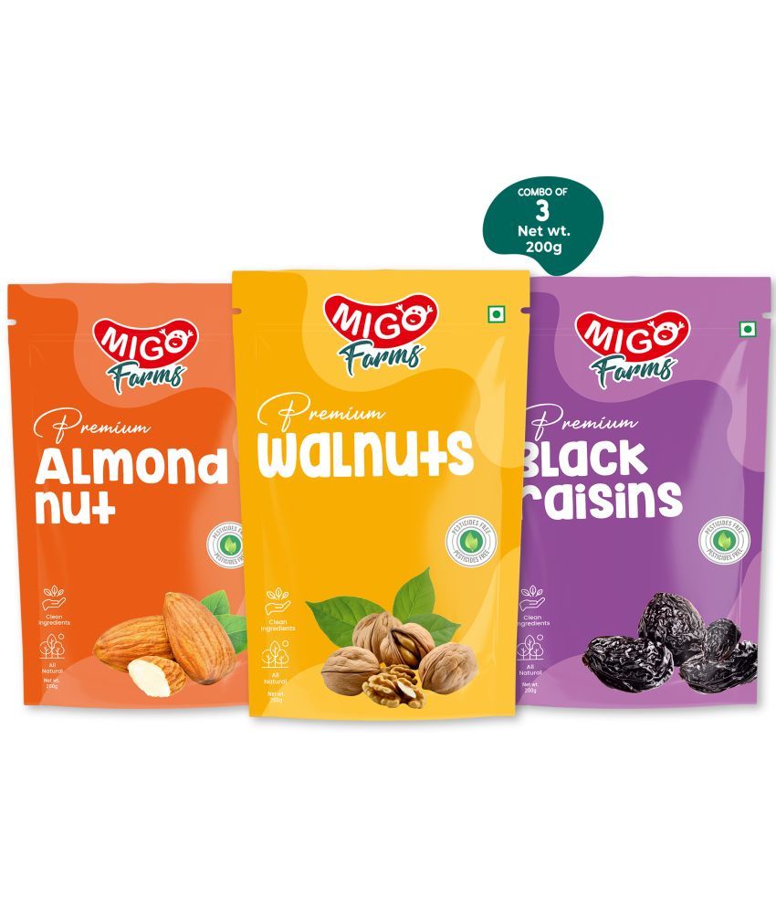     			Migo Farms Pack of 3 Healthy Premium Dry Fruits & Nuts Almonds, Walnuts, Black Raisins (3 x 200 g)