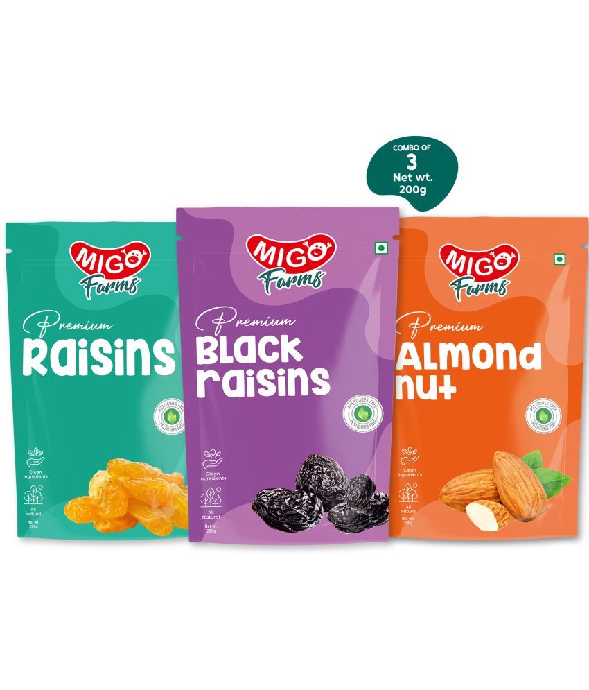     			Migo Farms Pack of 3 Premium Healthy Dry Fruits & Nuts Raisins, Black Raisins, Almonds (3 x 200 g)