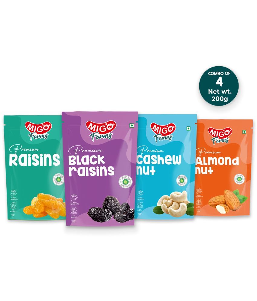     			Migo Farms Pack of 4 Healthy Premium Dry Fruits Nuts Raisins,Black Raisins,Cashews,Almonds (4x200 g)