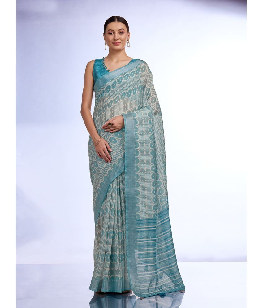     			Rekha Maniyar Linen Printed Saree With Blouse Piece - Sea Green ( Pack of 1 )