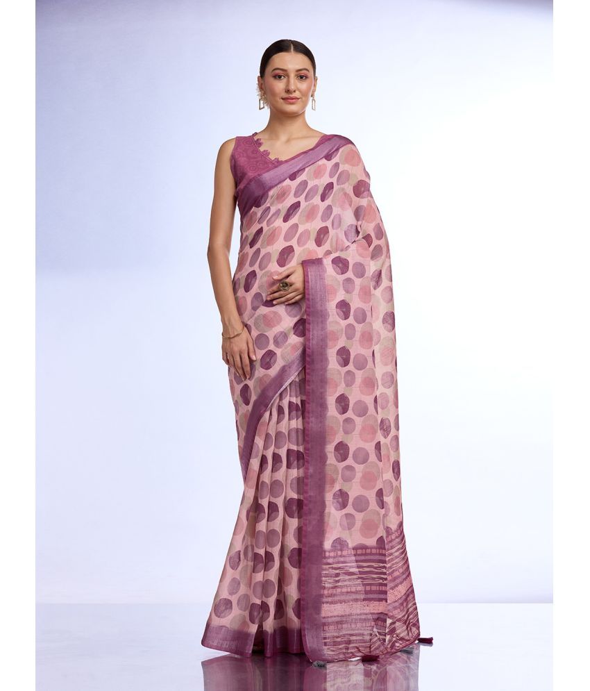     			Rekha Maniyar Linen Printed Saree With Blouse Piece - Pink ( Pack of 1 )