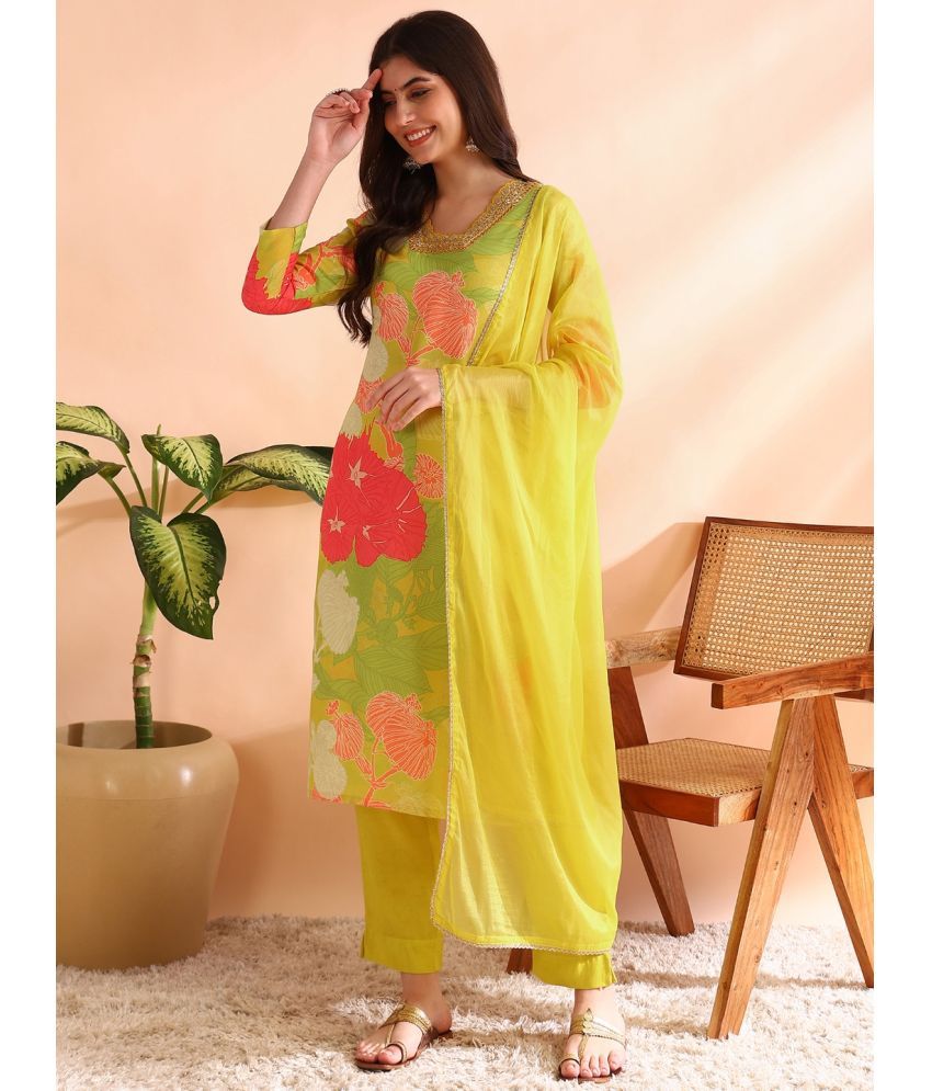     			Vaamsi Cotton Blend Printed Kurti With Pants Women's Stitched Salwar Suit - Yellow ( Pack of 1 )