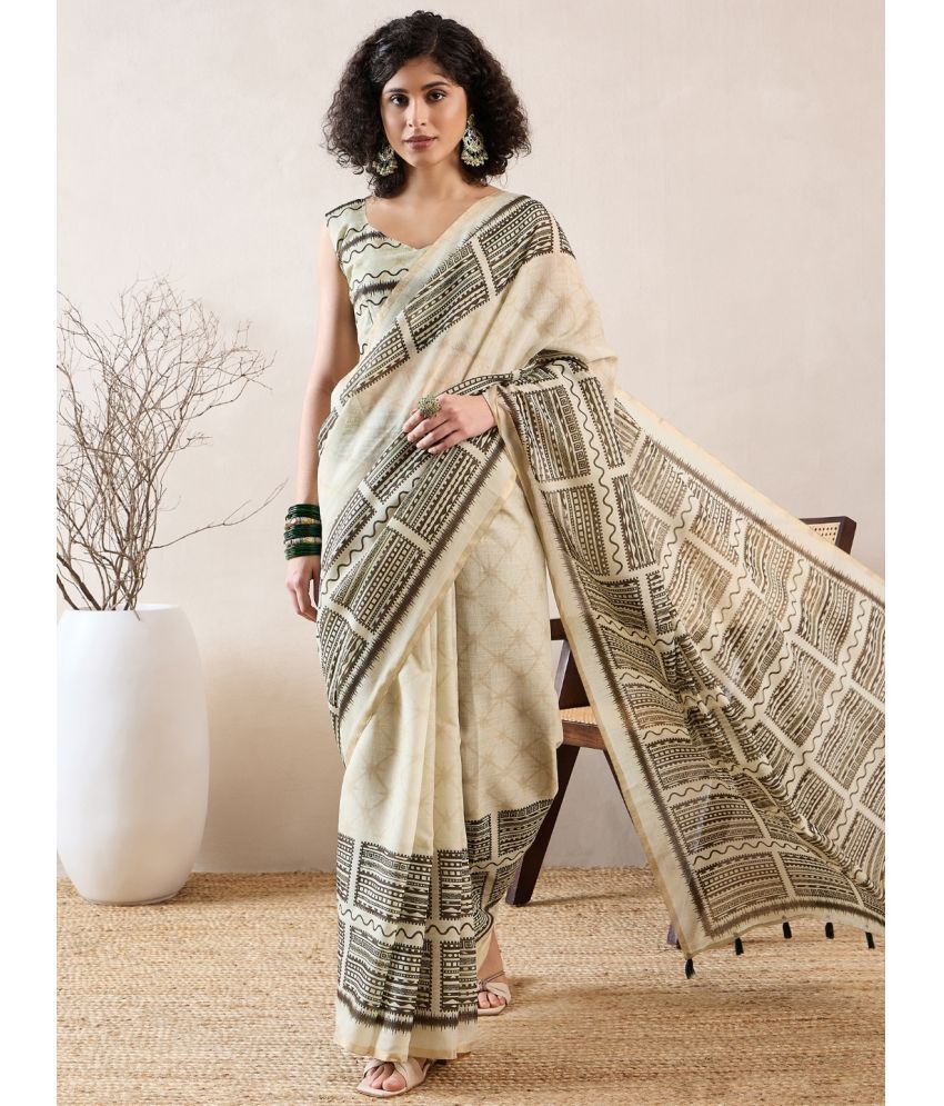     			Vaamsi Linen Printed Saree With Blouse Piece - Off White ( Pack of 1 )