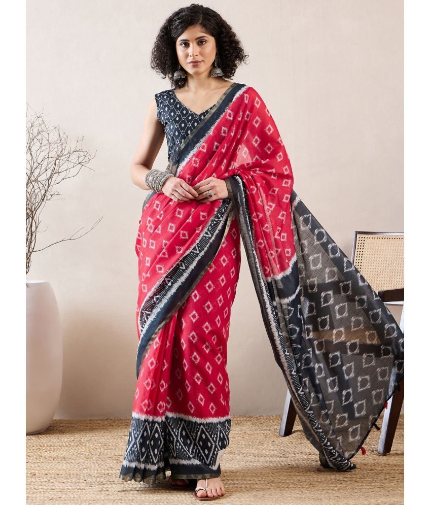     			Vaamsi Linen Printed Saree With Blouse Piece - Red ( Pack of 1 )