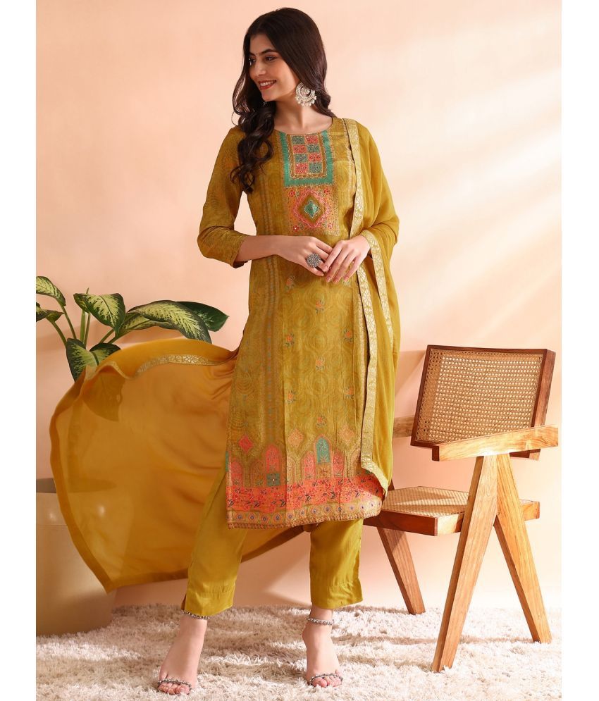     			Vaamsi Silk Blend Self Design Kurti With Pants Women's Stitched Salwar Suit - Mustard ( Pack of 1 )