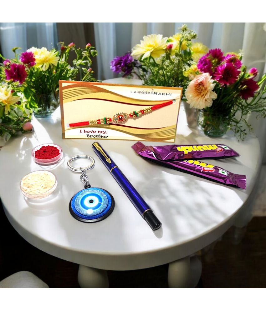     			auteur 801 Stylish Blue Roller Ball Pen and Designer Rakhi Gift Set for Brother With Evil Eye Keychain, Chocolates, Roli, Mishri and Rice.