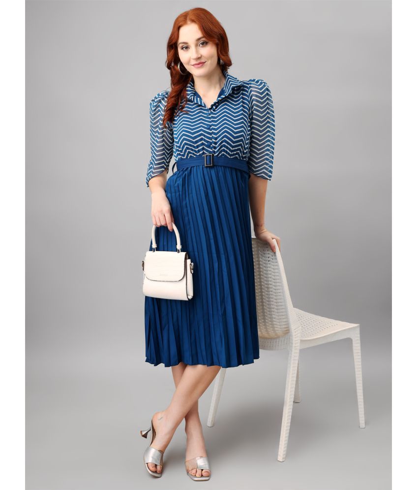     			Femvy Georgette Striped Knee Length Women's Fit & Flare Dress - Blue ( Pack of 1 )