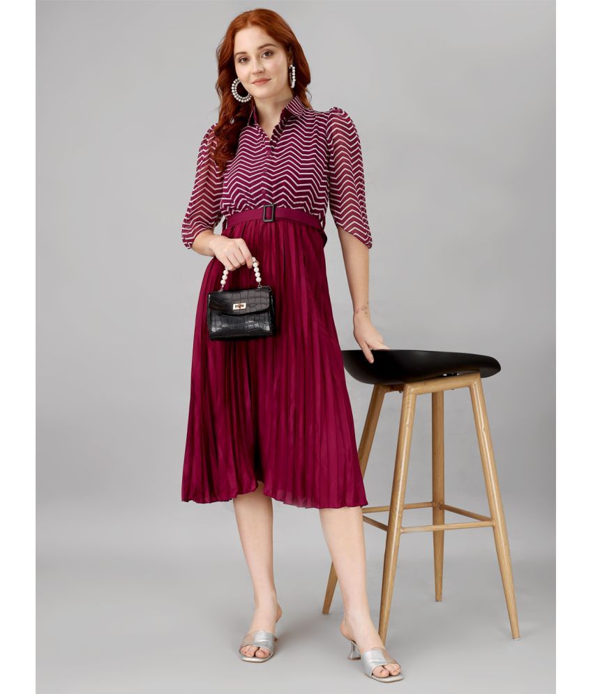     			Femvy Georgette Striped Knee Length Women's Fit & Flare Dress - Magenta ( Pack of 1 )