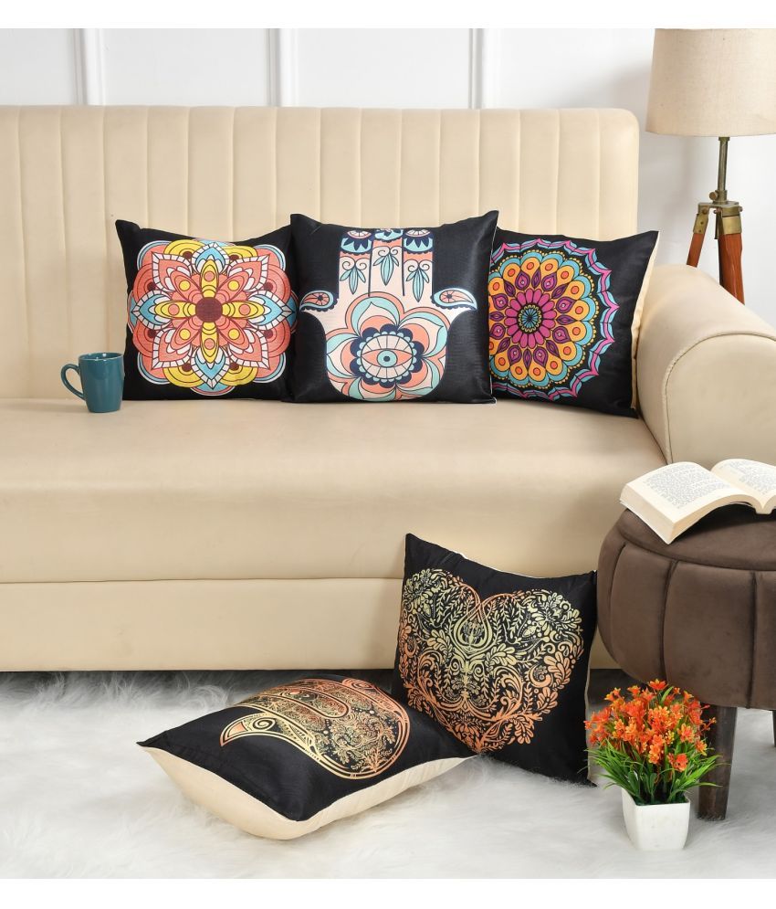     			GoCose Home Set of 5 Cotton Abstract Square Cushion Cover (40X40)cm - Black