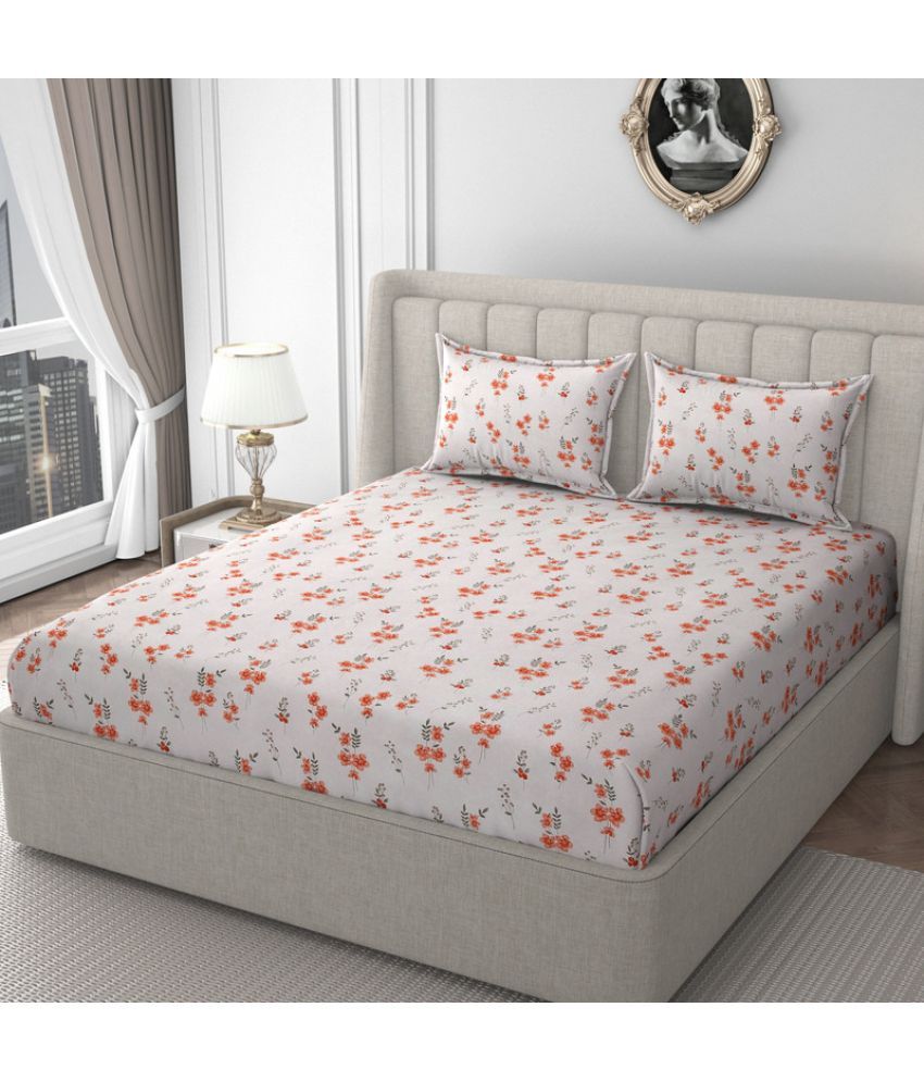     			HIDECOR Microfibre Floral Printed Fitted 1 Bedsheet with 2 Pillow Covers ( King Size ) - Peach