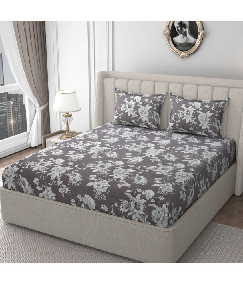     			HIDECOR Microfibre Floral Printed Fitted 1 Bedsheet with 2 Pillow Covers ( King Size ) - Gray