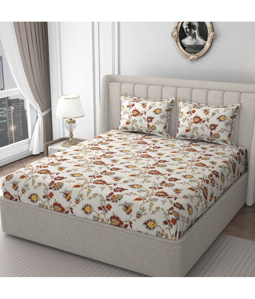     			HIDECOR Microfibre Floral Printed Fitted 1 Bedsheet with 2 Pillow Covers ( King Size ) - Coffee