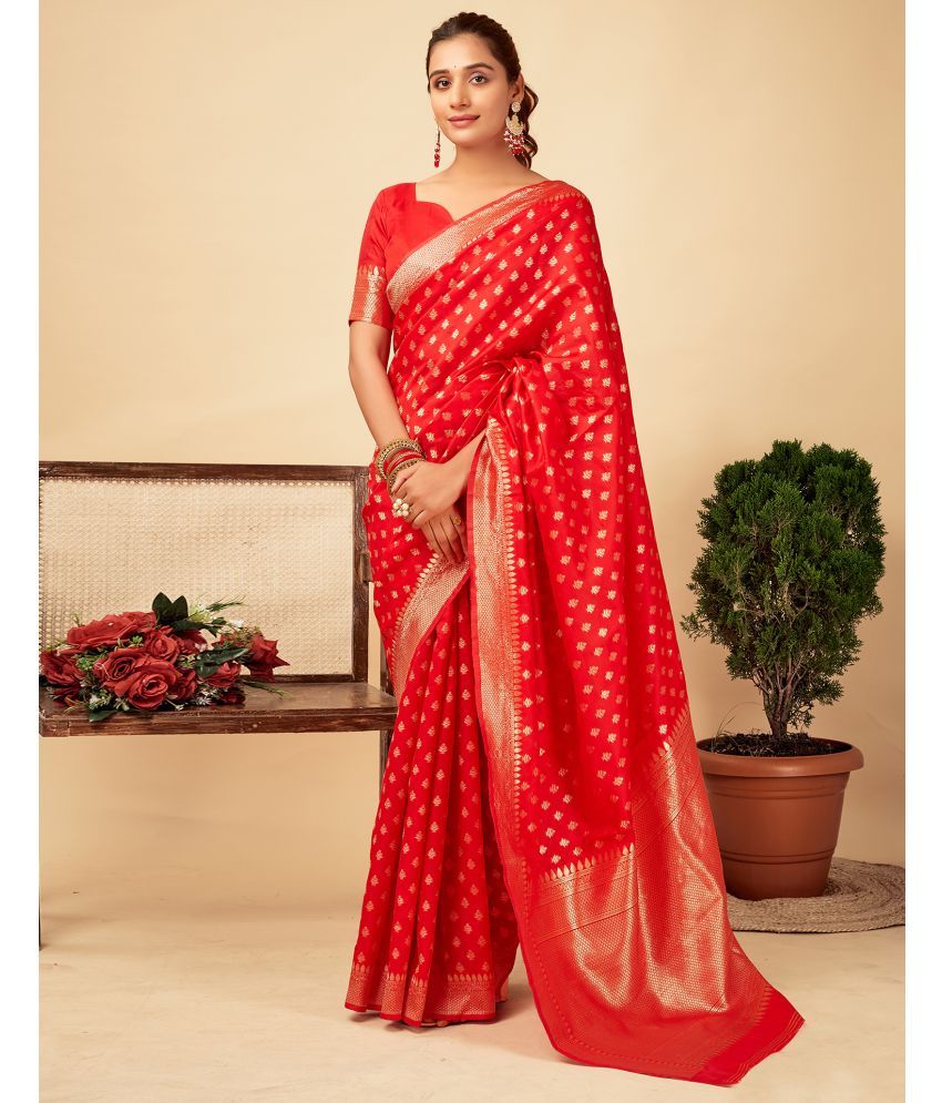     			Samah Silk Blend Self Design Saree With Blouse Piece - Red ( Pack of 1 )