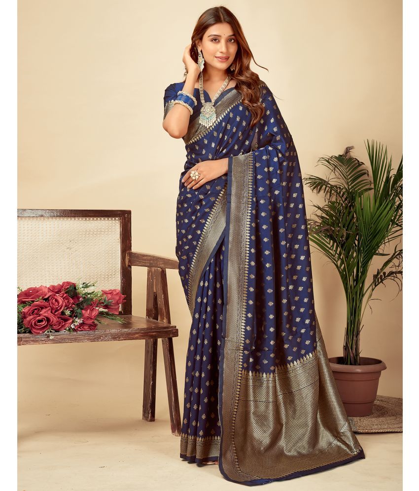     			Samah Silk Blend Self Design Saree With Blouse Piece - Navy Blue ( Pack of 1 )