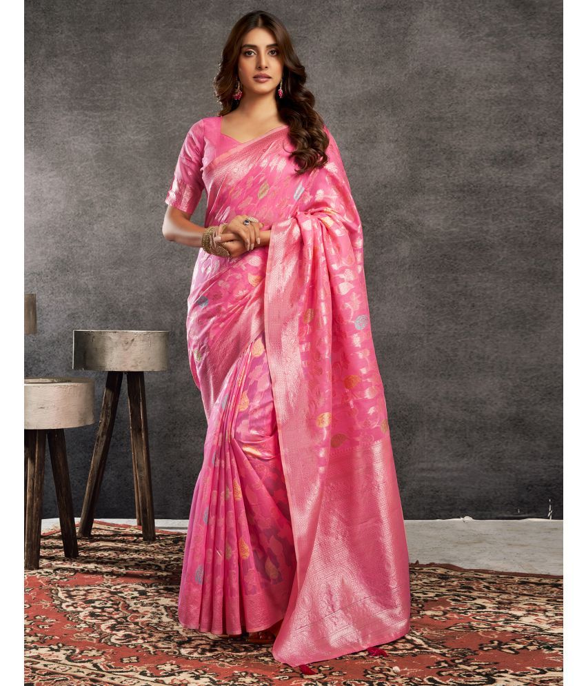     			Samah Silk Blend Self Design Saree With Blouse Piece - Pink ( Pack of 1 )