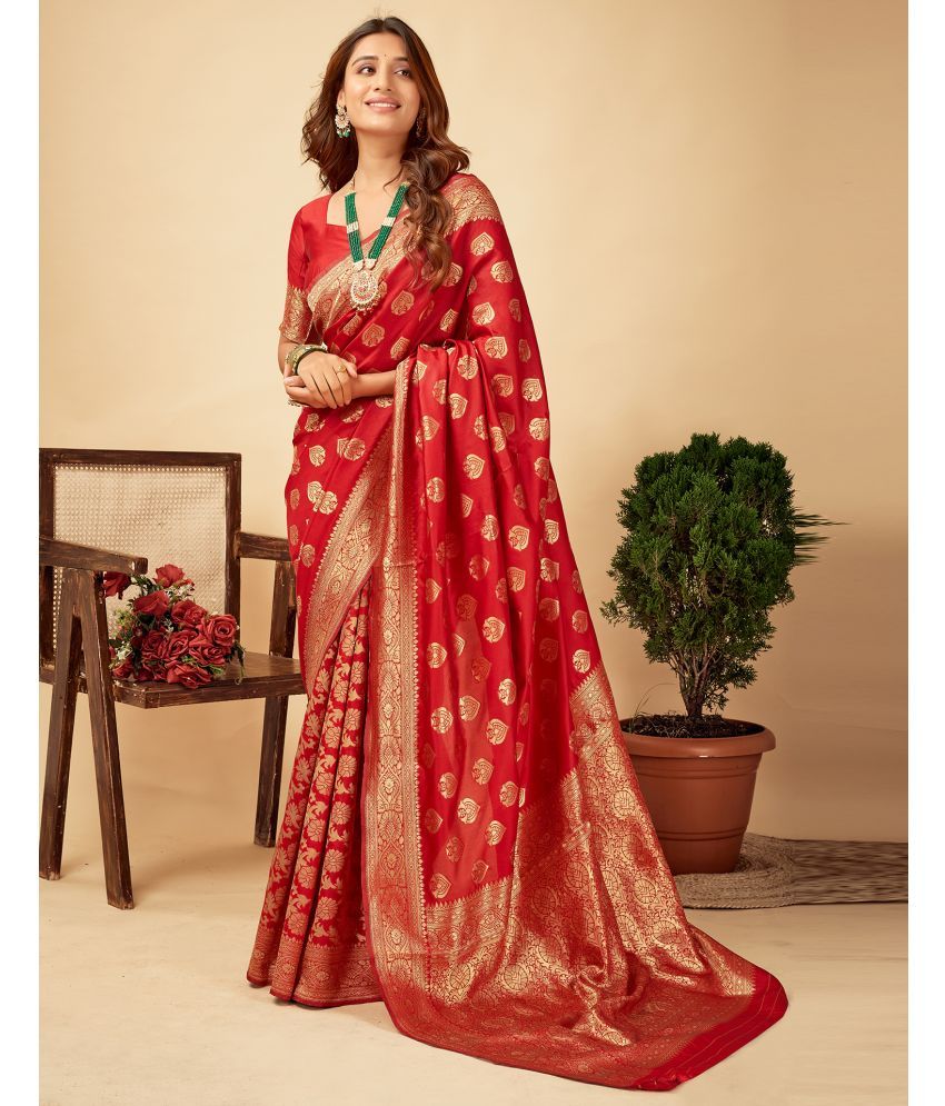     			Samah Silk Blend Self Design Saree With Blouse Piece - Red ( Pack of 1 )