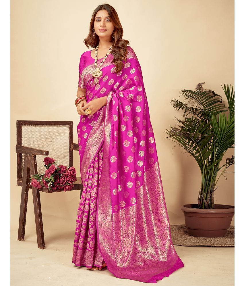     			Samah Silk Blend Self Design Saree With Blouse Piece - Magenta ( Pack of 1 )