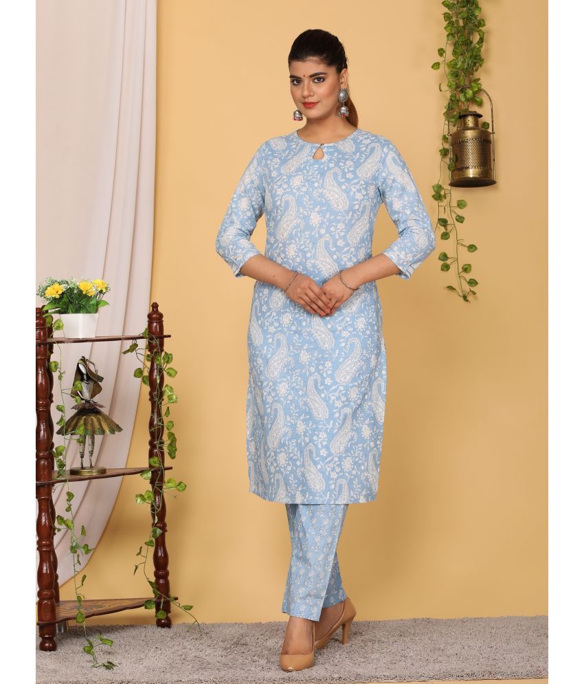     			Sarli Cotton Printed Kurti With Pants Women's Stitched Salwar Suit - Light Blue ( Pack of 1 )