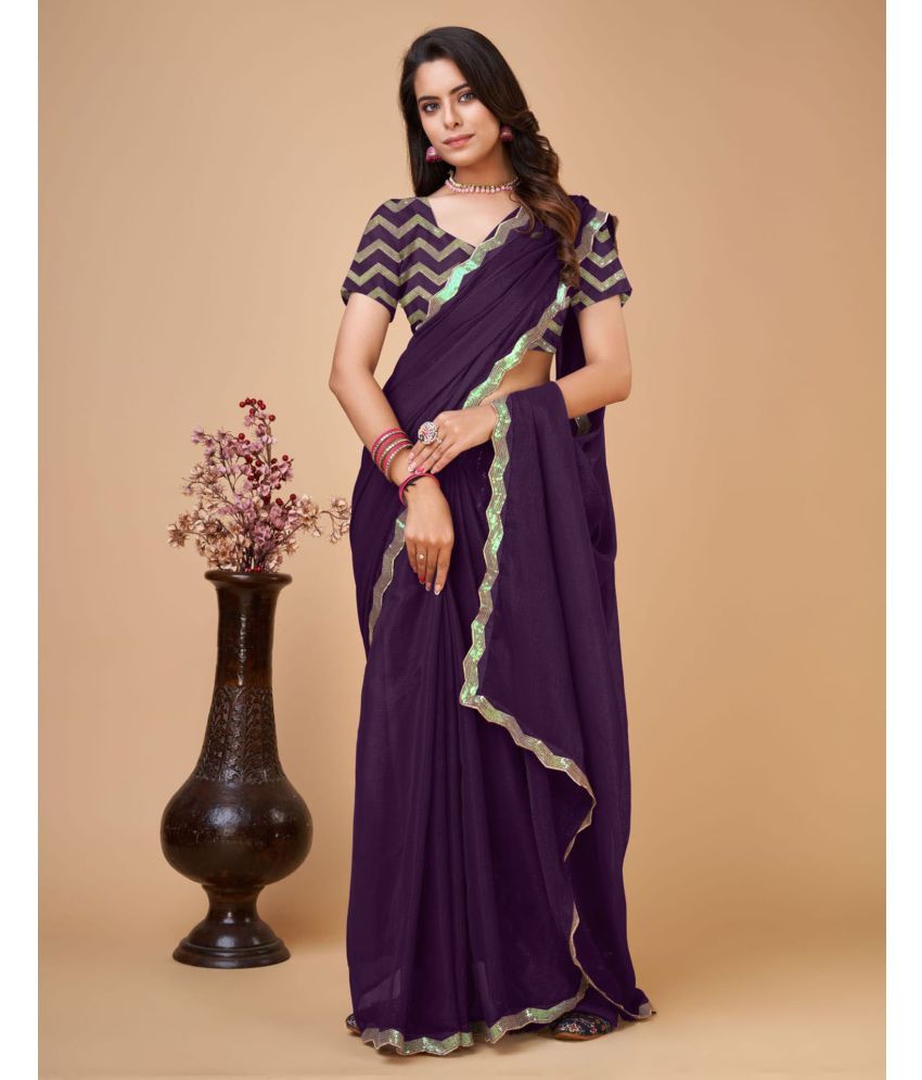     			Satrani Chiffon Solid Saree With Blouse Piece - Purple ( Pack of 1 )