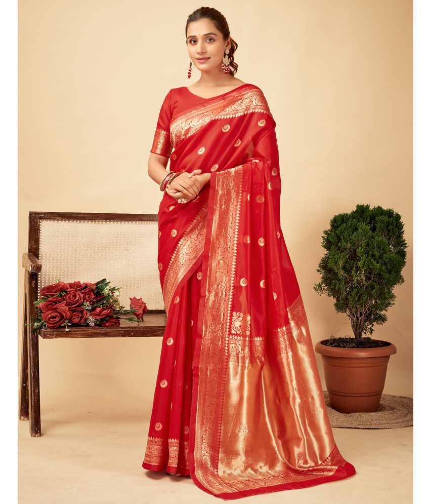     			Satrani Silk Blend Self Design Saree With Blouse Piece - Red ( Pack of 1 )