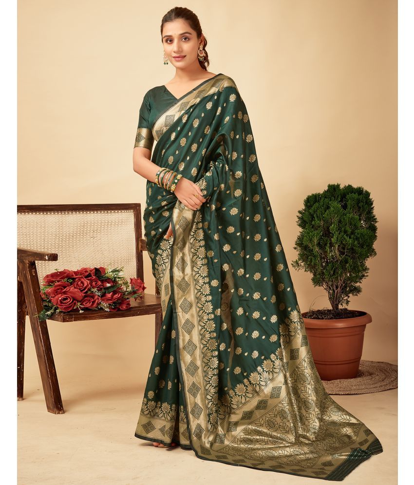     			Satrani Silk Blend Self Design Saree With Blouse Piece - Green ( Pack of 1 )