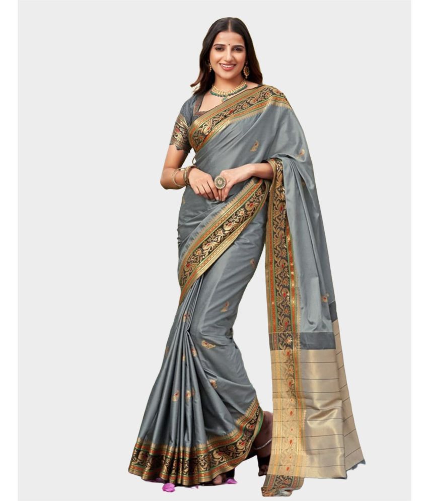     			Satrani Silk Embellished Saree With Blouse Piece - Grey ( Pack of 1 )