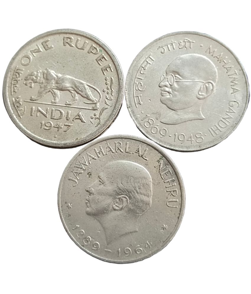     			Very Rare 1 Rupee 1947 Gandhi and Nehru 3 Coins