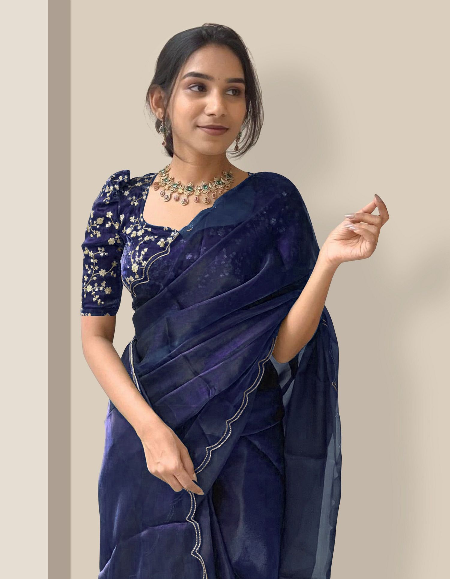     			Aika Organza Embellished Saree With Blouse Piece - Navy Blue ( Pack of 1 )