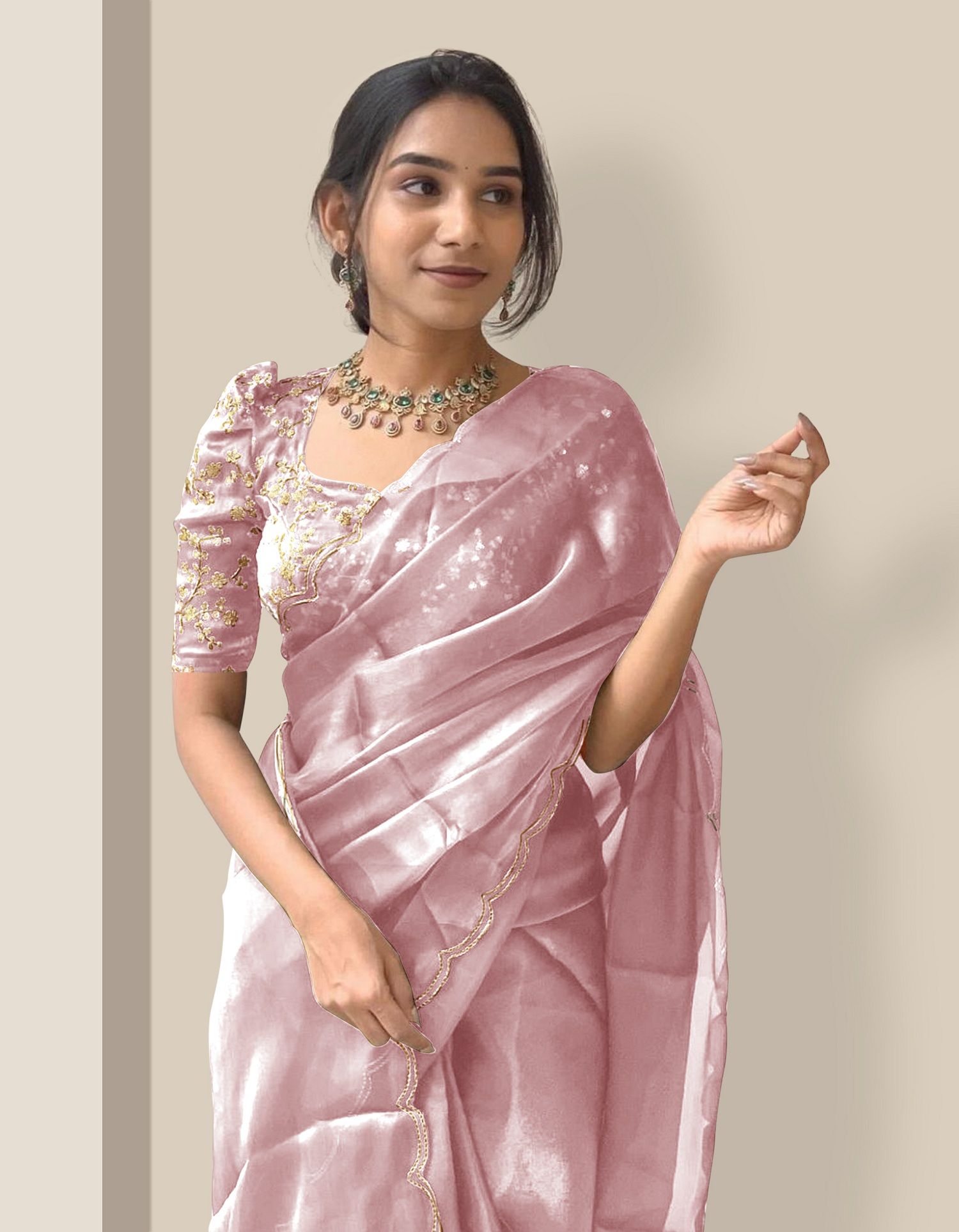     			Aika Organza Embellished Saree With Blouse Piece - Pink ( Pack of 1 )