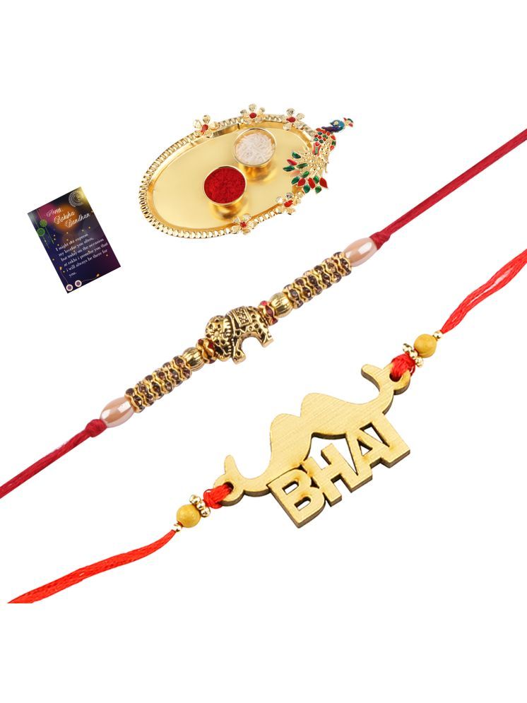     			Elegant Bhaiya Rakhi " BHAI" Designe With Designer Look "Elephant" Rakhi Combo For Bhaiya With Roli Chawal And Greeting Card 1 Kankawati Pooja Thali