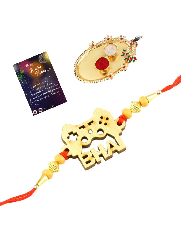     			Elegant Bhaiya Rakhi " BHAI" Designe For Bhaiya/Brother/Bhai With Roli Chawal And 1 Greeting Card 1 Kankawati Pooja Thali