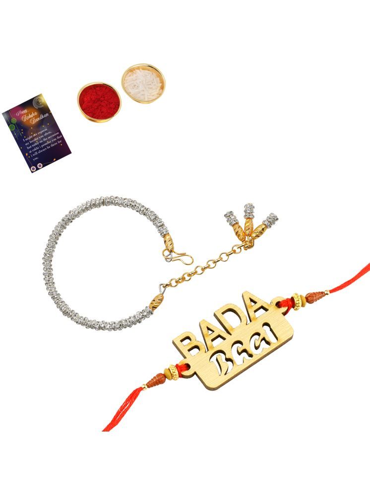     			Exclusive Bhaiya Rakhi " BADA BHAI" Designer Pendent With Silver Bracelet Kada BhabhiRakhi Combo With Roli Chawal And Greeting Card