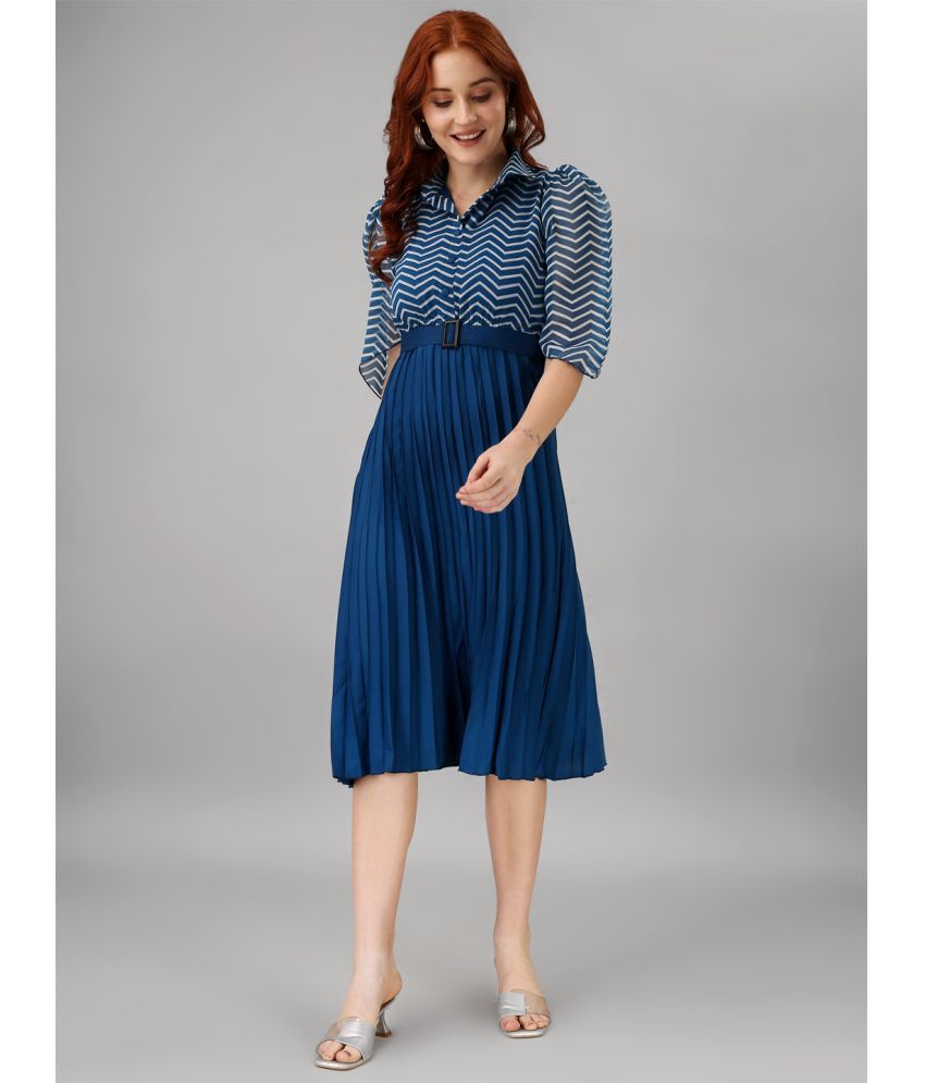     			Femvy Georgette Striped Knee Length Women's Fit & Flare Dress - Blue ( Pack of 1 )